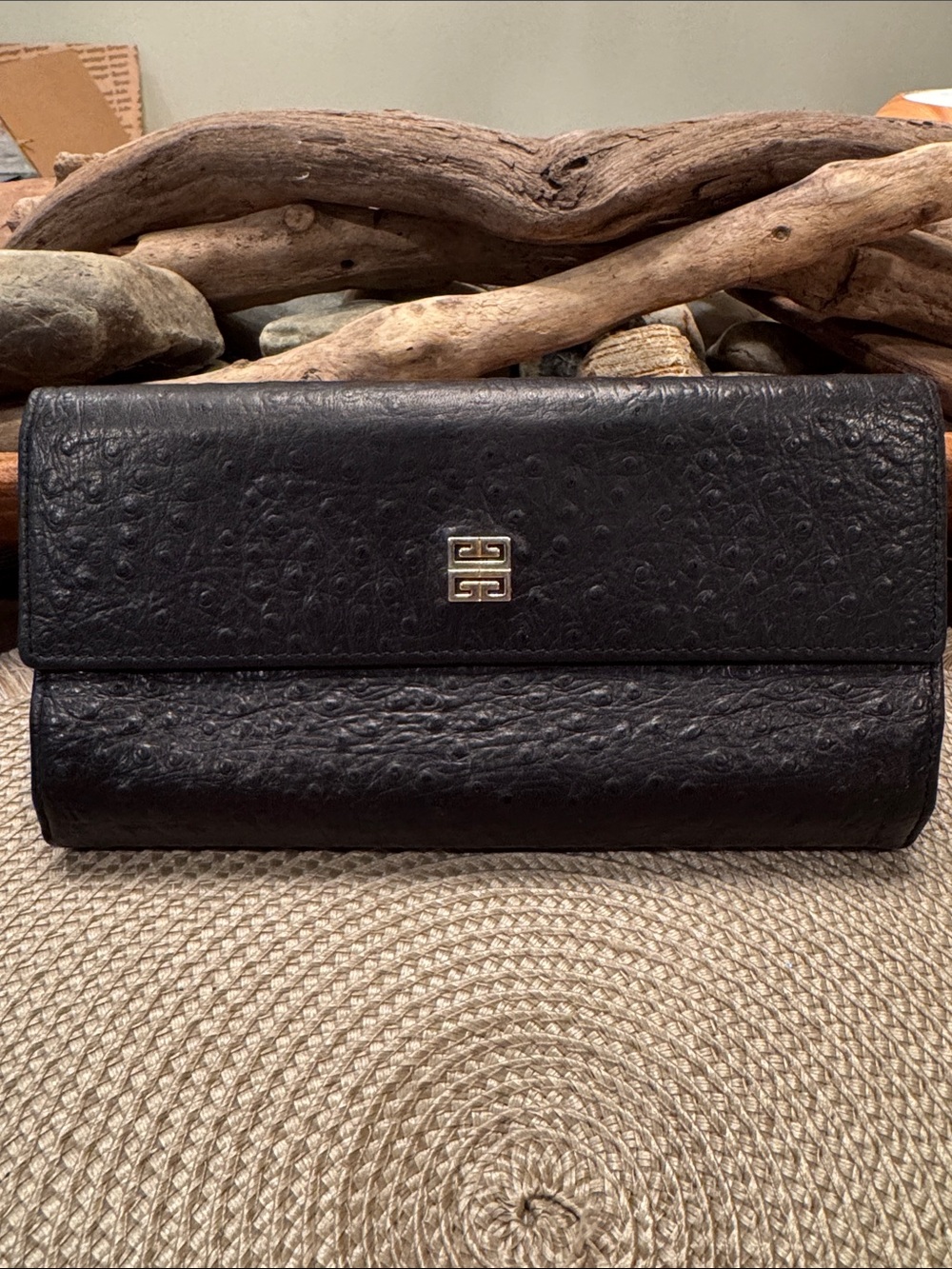 Givenchy Black Textured Leather Clutch with Gold Emblem
